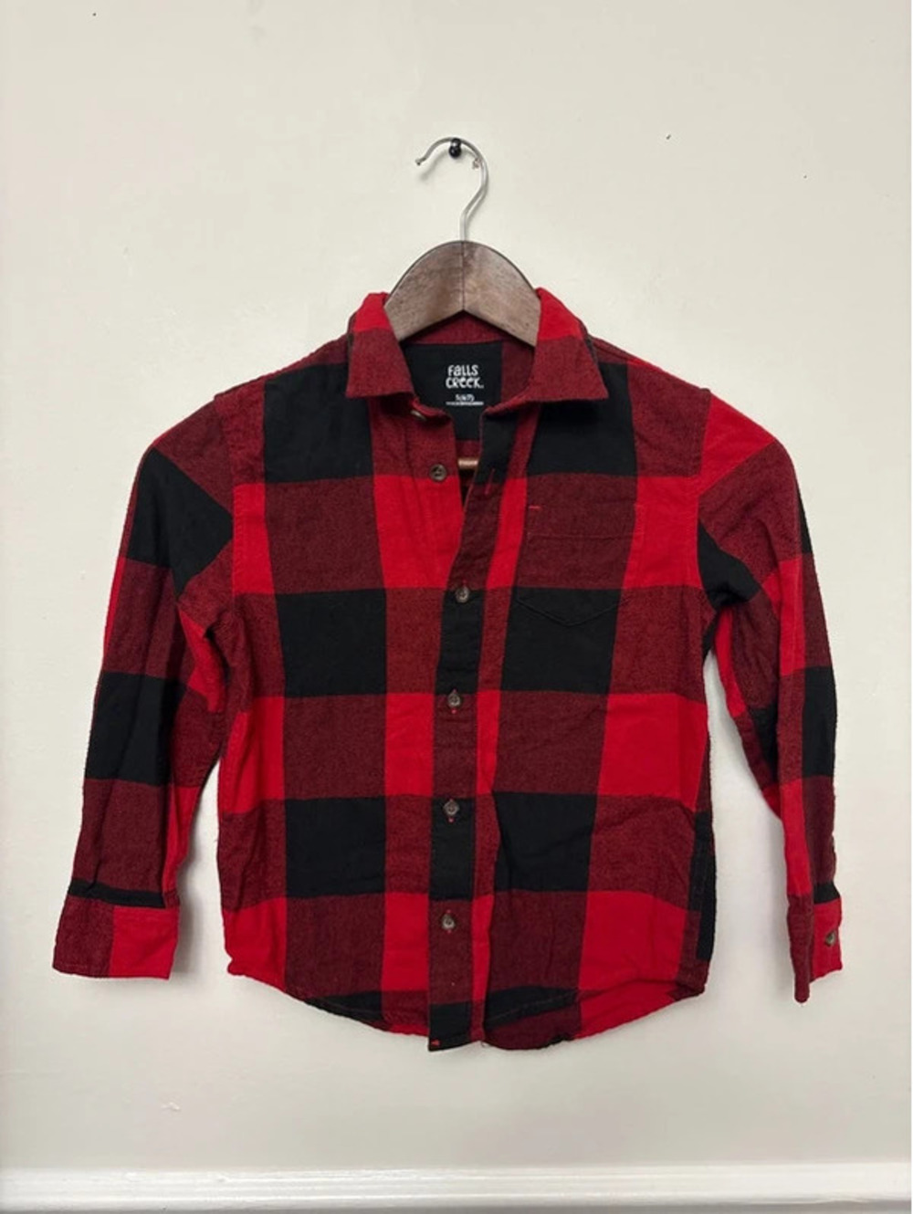 Falls Creek Boys Red & Black Buffalo Plaid Flannel Shirt Size 6/7